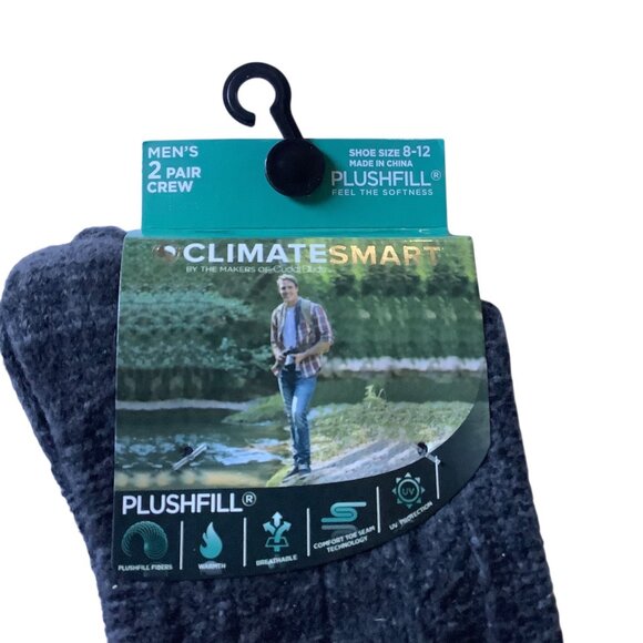 Climate Smart Plushfill Crew Socks 2 Pair Moisture Wicking Comfort Charcoal NEW - Picture 2 of 4